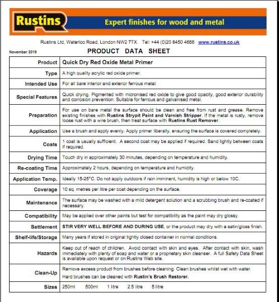 Rustins - Quick Dry Red Oxide Metal Primer 250ml